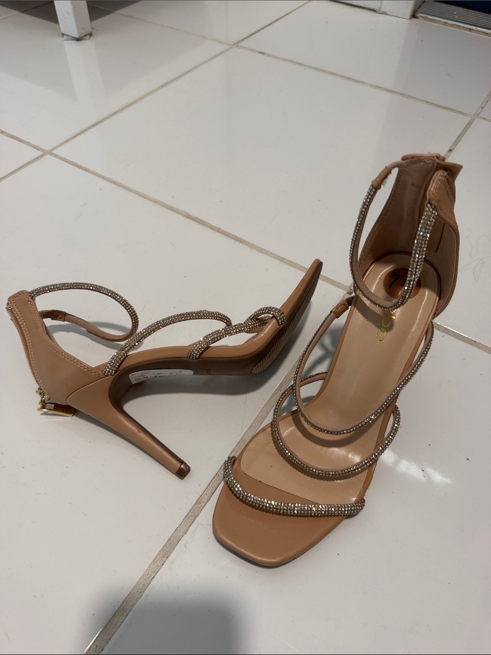 bebe Nude/Tan Crystal-Strap Stiletto Sandals